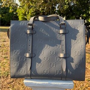 Authentic Gucci GG Embossed Medium Tote Bag grey